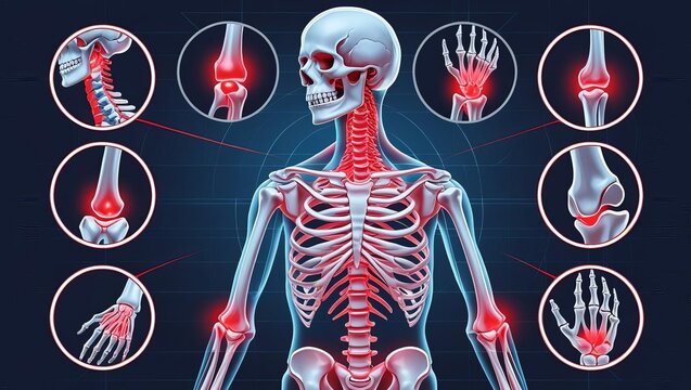 Illustration of human skeleton highlighting joints affected by arthritis pain