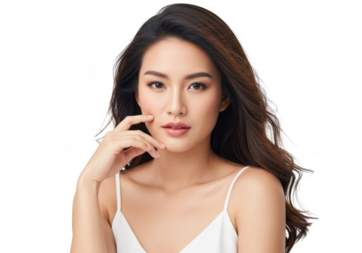 Beautiful young asian woman with healthy skin and flowing hair, touching her face gently, isolated on transparent background