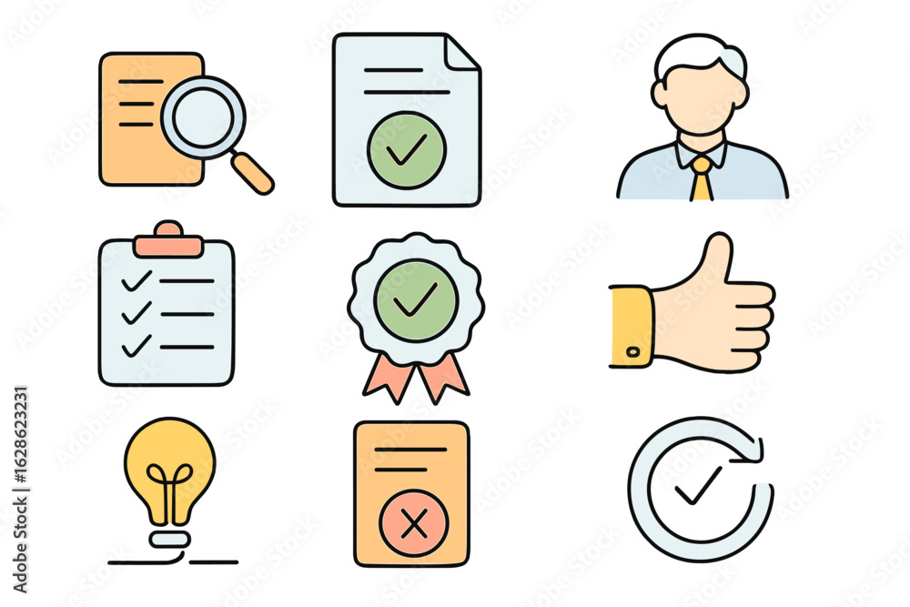 Poster collection of business and approval icons illustrating various concepts related to productivity and 