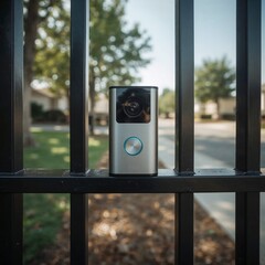 Silver Smart Doorbell Camera with Blue Light on Black Metal Fence Outdoors smart home