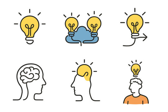 Creative concepts illustrated with light bulbs and heads representing ideas and inspiration in a minimalist style