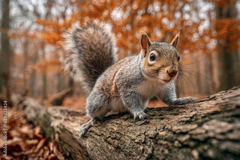 Poster squirrel exploring a fallen log in a forest during autumn with colorful leaves in the background