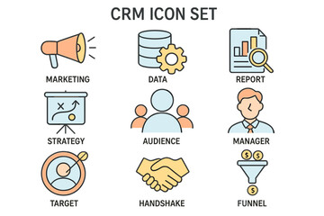 CRM icon set featuring elements related to marketing, data management, and sales strategies for business applications