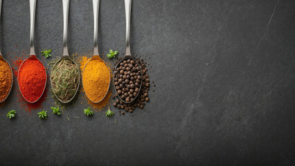 Silver spoons filled with colorful spices and herbs on a dark textured surface image