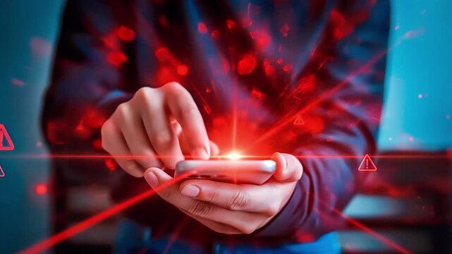 Man tapping smartphone with floating alert icons triggering digital warning. Slow motion. 4K.
