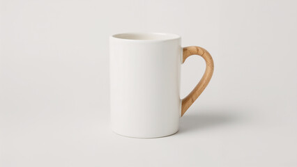 Simple White Ceramic Mug with a Natural Wood Handle on a White Background drinkware