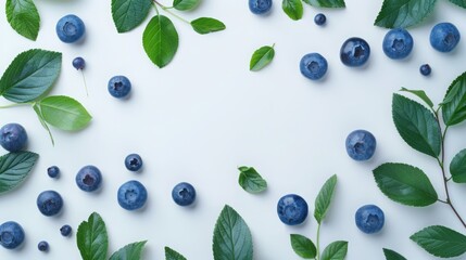 Vibrant Blueberries and Green Leaves Artfully Arranged on a Clean White Background
