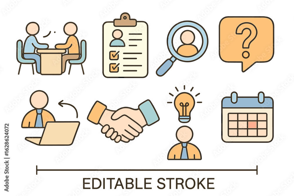Poster discussion about hiring process and teamwork in a modern office setting with various relevant icons