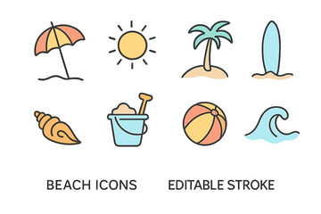 Beach icons illustrating various summer activities in a vibrant and playful style