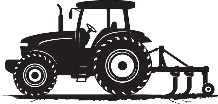 Black and White Silhouette of Tractor with Subsoiler in Action on Isolated White Background
