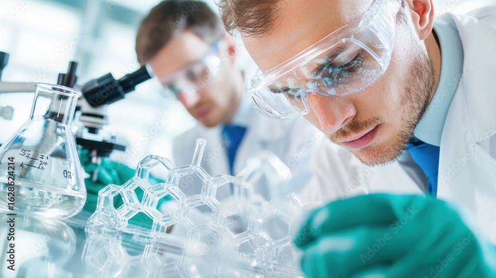 Poster two scientists in lab coats focus on molecular structures and experiments, showcasing advanced resea
