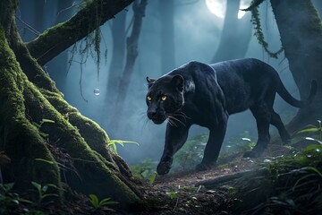 "Stealthy Black Panther in Twilight Rainforest – Hyper-Realistic Wildlife Scene"