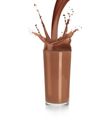 Pouring chocolate milk into glass against white background
