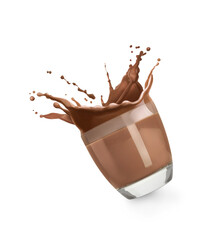 Chocolate milk splashing in glass on white background