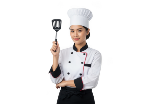 Young asian female chef in uniform holding a spatula, isolated on transparent background