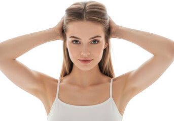 Fototapeta premium Beautiful young woman with long blonde hair touching her hair, isolated on transparent background