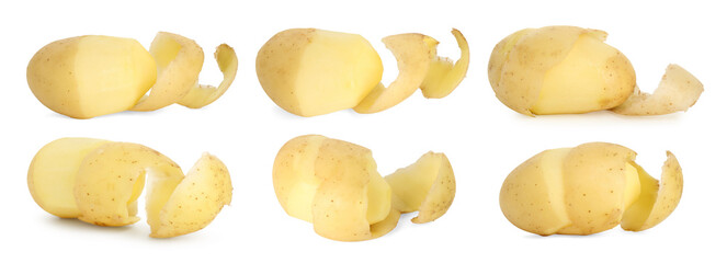 Fresh potatoes with peels isolated on white, set