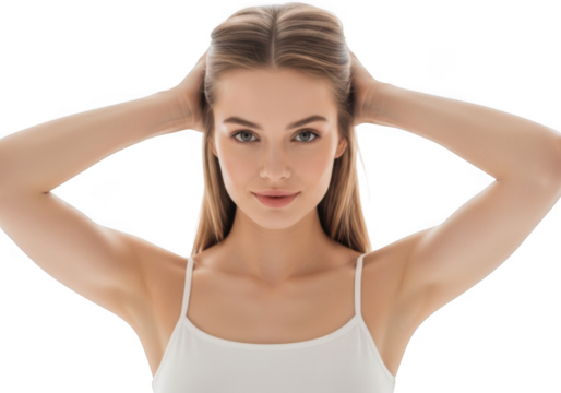 Beautiful young woman with long blonde hair touching her hair, isolated on transparent background