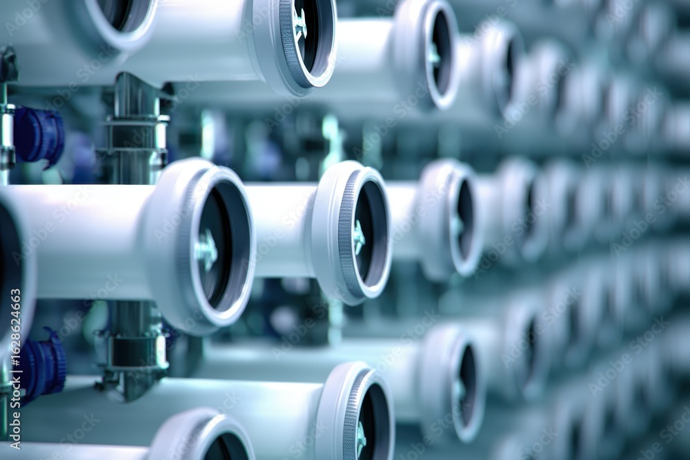 Poster a close-up view of interconnected pipes and fittings, showcasing a modern and industrial design with