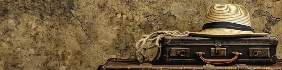 Vintage Suitcase with Hat and Rope, Ready for an Adventure