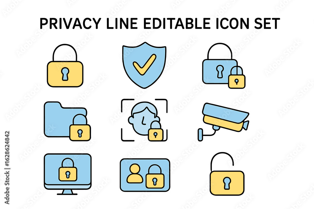 Poster editable icon set representing privacy and security features for digital and physical protection