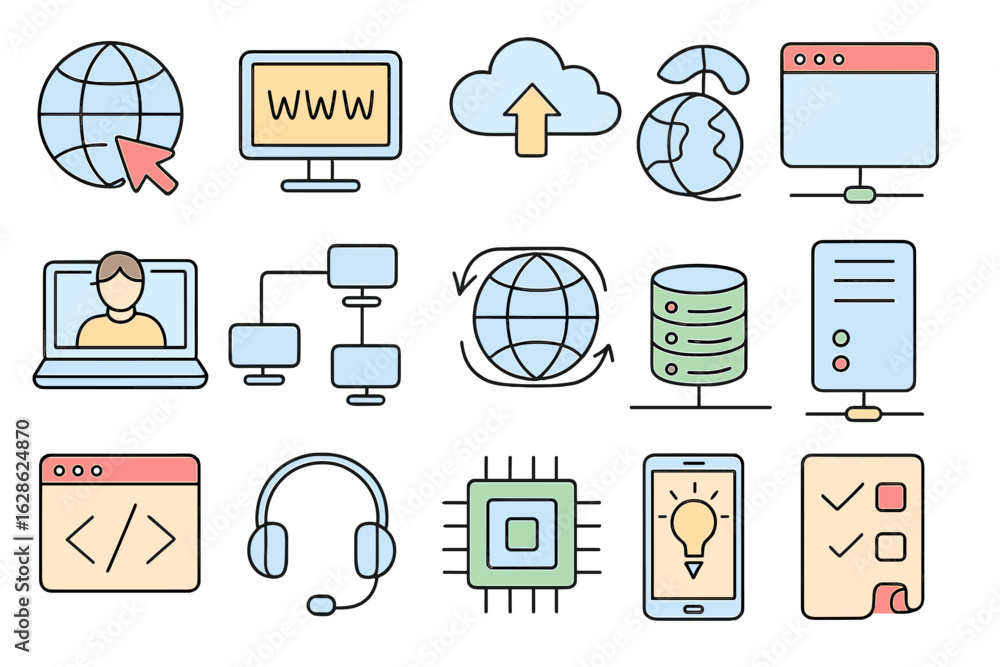 Poster technology icons representing internet, data management, and user interface elements in a modern dig