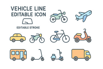 Various vehicle icons featuring airplane, motorcycle, bicycle, car, scooter, and truck in a flat design style