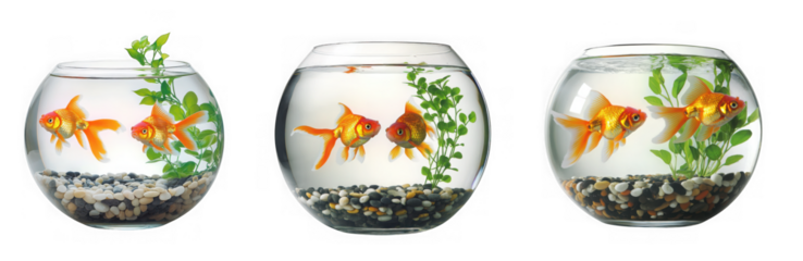 Three goldfish swimming in separate glass fishbowls with gravel and plastic plants on a transparent background
