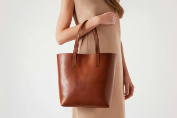 Woman holding brown leather tote bag on white background