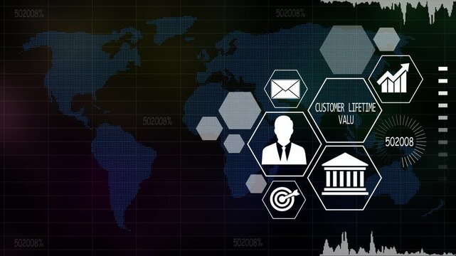 Futuristic digital presentation depicting customer lifetime value and global business goals.  Data Insights and Analysis Techniques for Business Growth. Asymptotic smart data analytic.4k video
