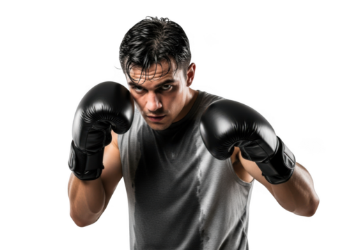 Focused male boxer with boxing gloves, ready for a fight, isolated on transparent background