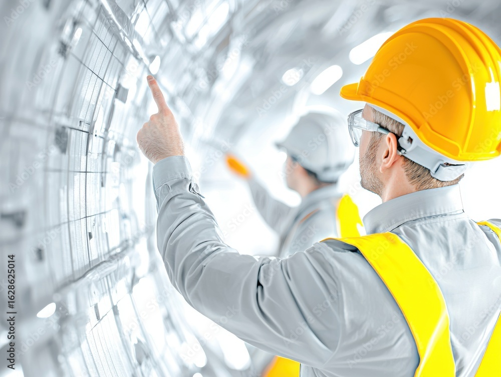 Poster engineer civil innovation concept. construction workers collaborating on a project while inspecting 