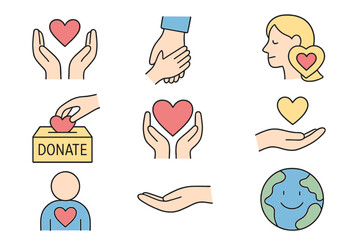 Hands sharing love and donations in a colorful and creative illustration depicting kindness and compassion toward the world