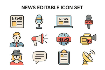 News themed icon set featuring various media elements such as microphones, headlines, and reporters arranged in a grid pattern