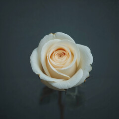Single delicate cream-colored rose with soft petals against a dark moody background