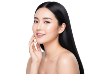 Beautiful young asian woman with long straight black hair, touching her face, isolated on transparent background