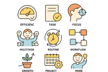 Icons representing productivity, efficiency, and project management in a digital workspace setting