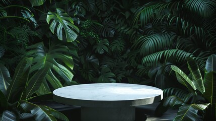 Elegant stone podium on a dark tropical jungle background for product presentation
