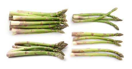 Fresh green asparagus isolated on white, set