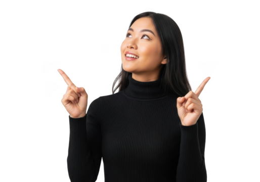 Young asian woman pointing up with both index fingers, looking up thoughtfully, isolated on transparent background
