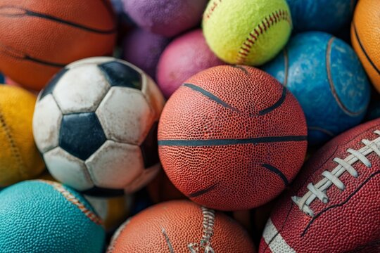 Variety of sports balls arranged together for recreational activities indoors