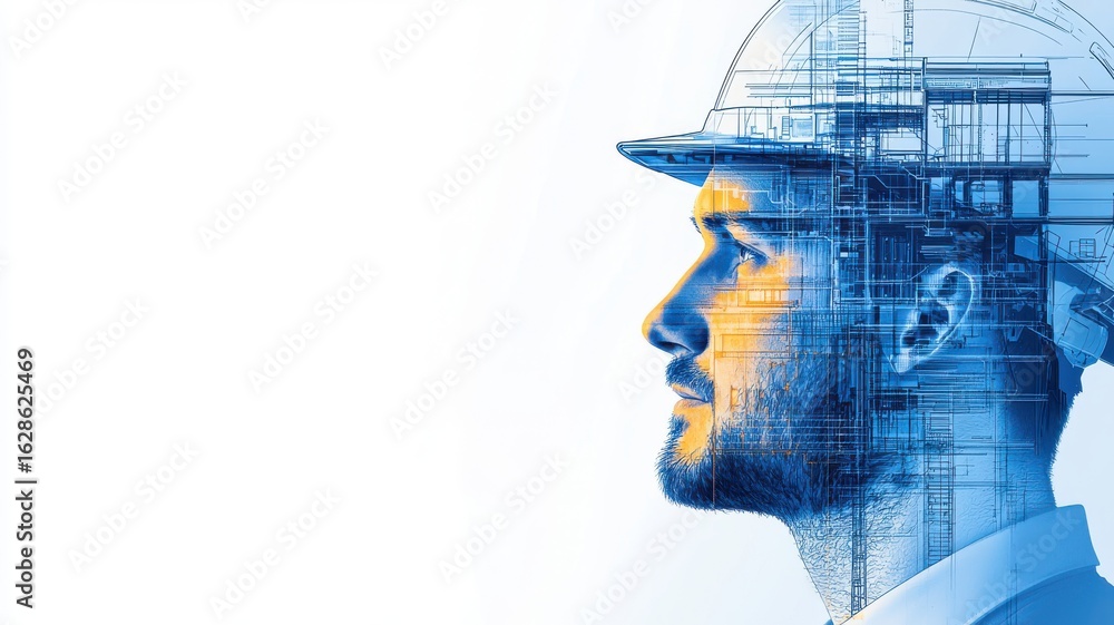 Poster engineer civil innovation concept. profile of a man in a hard hat, overlaid with abstract engineerin