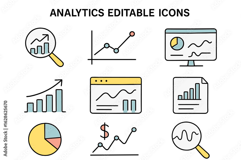 Poster various basic analytics icons showcasing growth, data visualization, and report generation for digit