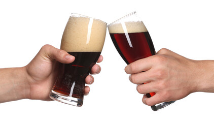 Men clinking their glasses of beer together against white background
