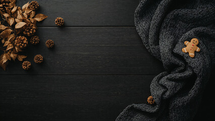 Single Gingerbread Man Cookie on a Textured Knitted Blanket with Pinecones christmas