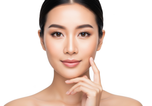 Closeup portrait of a beautiful young woman with perfect skin touching her cheek, isolated on transparent background