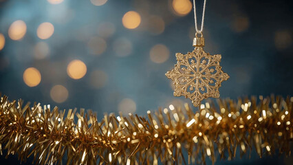 Single Gold Snowflake Ornament Suspended with Festive Bokeh and Tinsel christmas