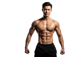Muscular young asian man with defined abs and chest, posing confidently, isolated on transparent background