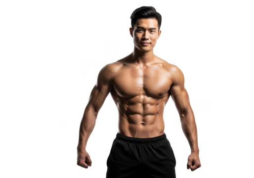 Muscular young asian man with defined abs and chest, posing confidently, isolated on transparent background