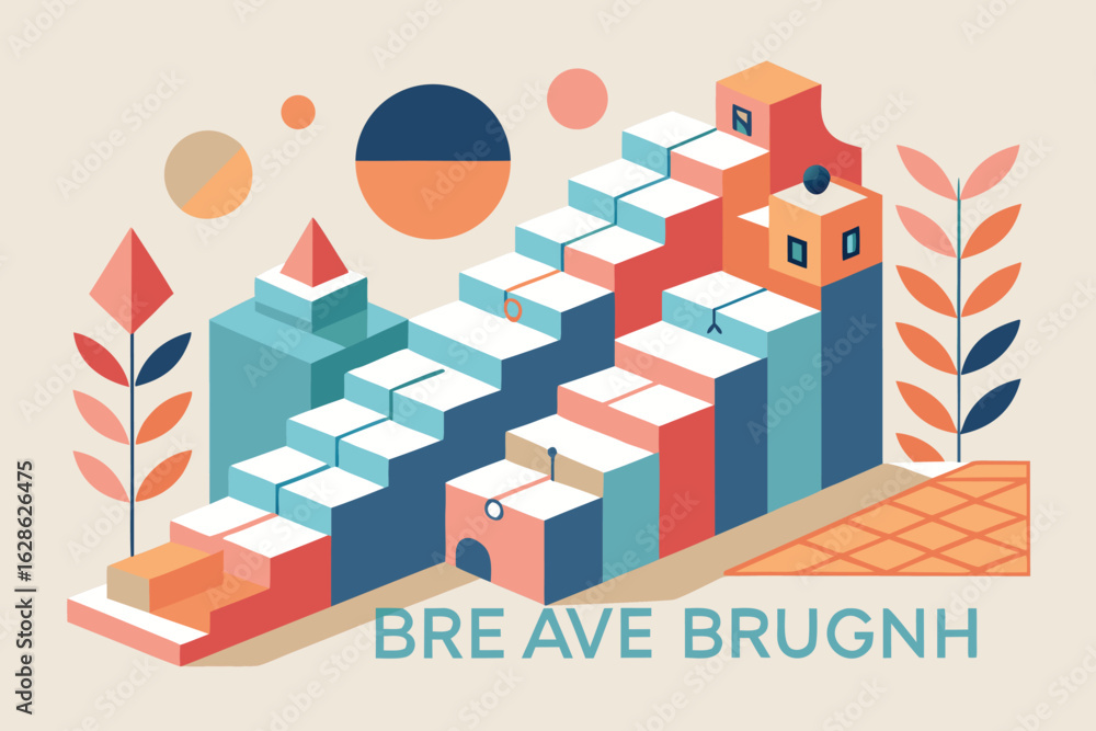 Poster abstract isometric cityscape and geometric composition with colorful elements suitable for diverse d